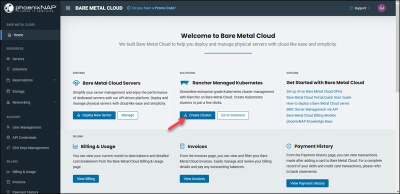 The Create Cluster button on the Home page of the BMC Portal.
