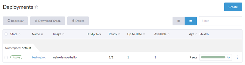The main list of workloads in Rancher, with the newly created workload marked as active.
