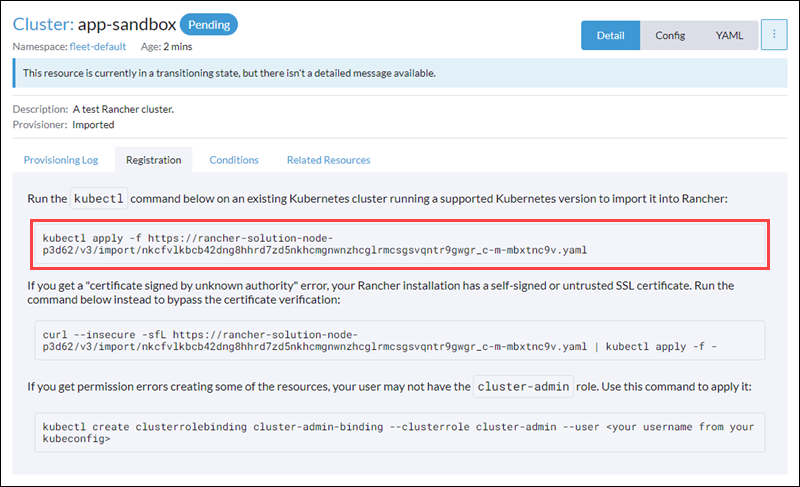 Copying the kubectl command to register a cluster with Rancher.